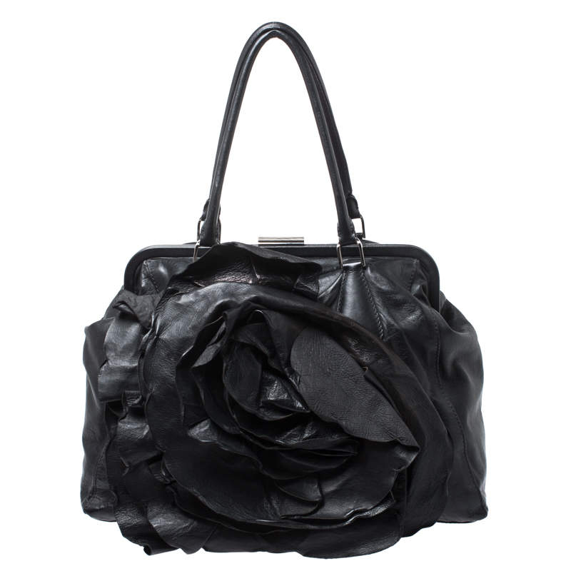 Pre Owned Valentino Black Leather Petale Rose Frame Bag