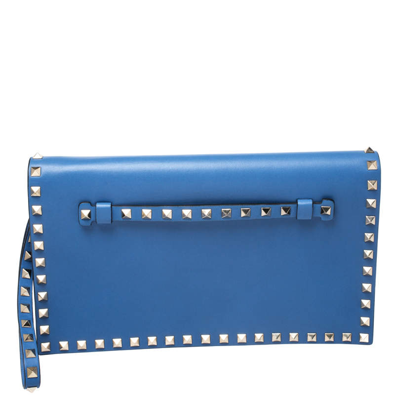 Pre Owned Valentino Blue Leather Rockstud Wristlet Clutch