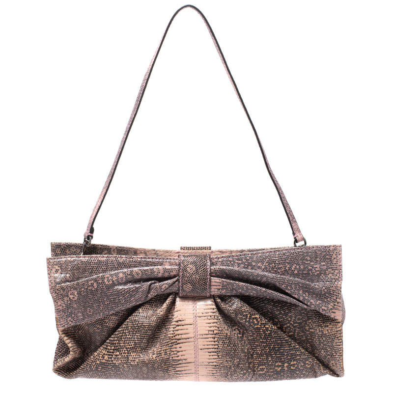 Pre Owned Valentino Pink/Black Lizard Bow Chain Clutch