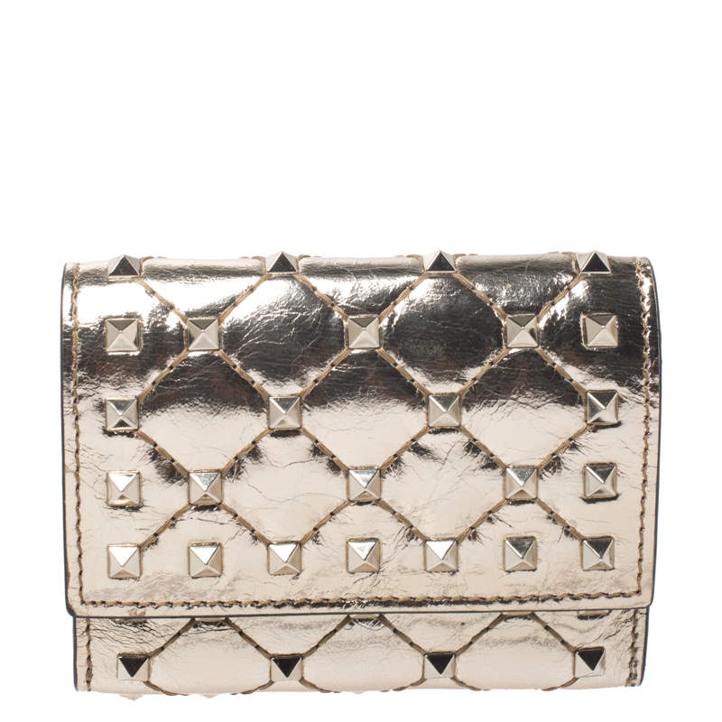 Pre Owned Valentino Gold Patent Leather Rockstud Spike Flap Wallet