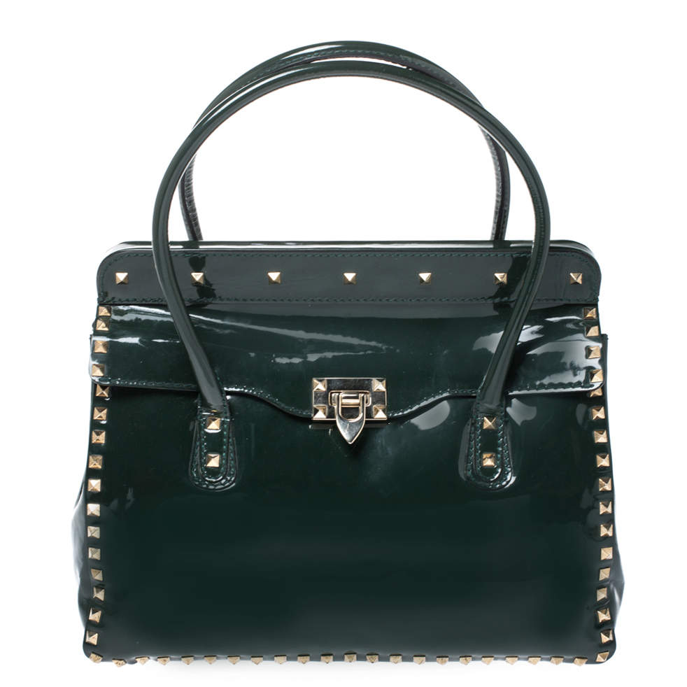 Pre Owned Valentino Green Patent Leather Studded Tote
