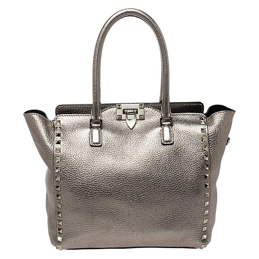 Pre Owned Valentino Metallic Gold Leather Small Rockstud Shopper Tote