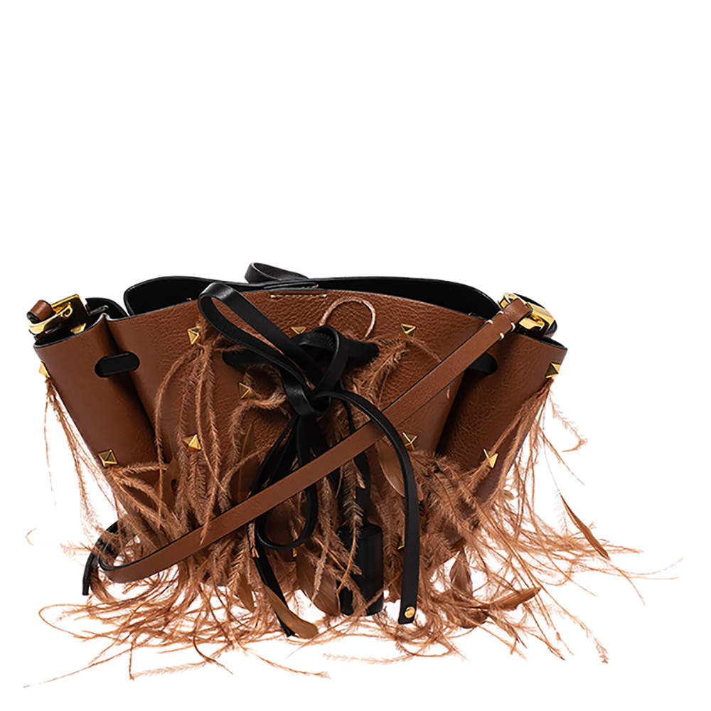 Valentino Brown Leather and Feather Small VLogo Bucket Bag