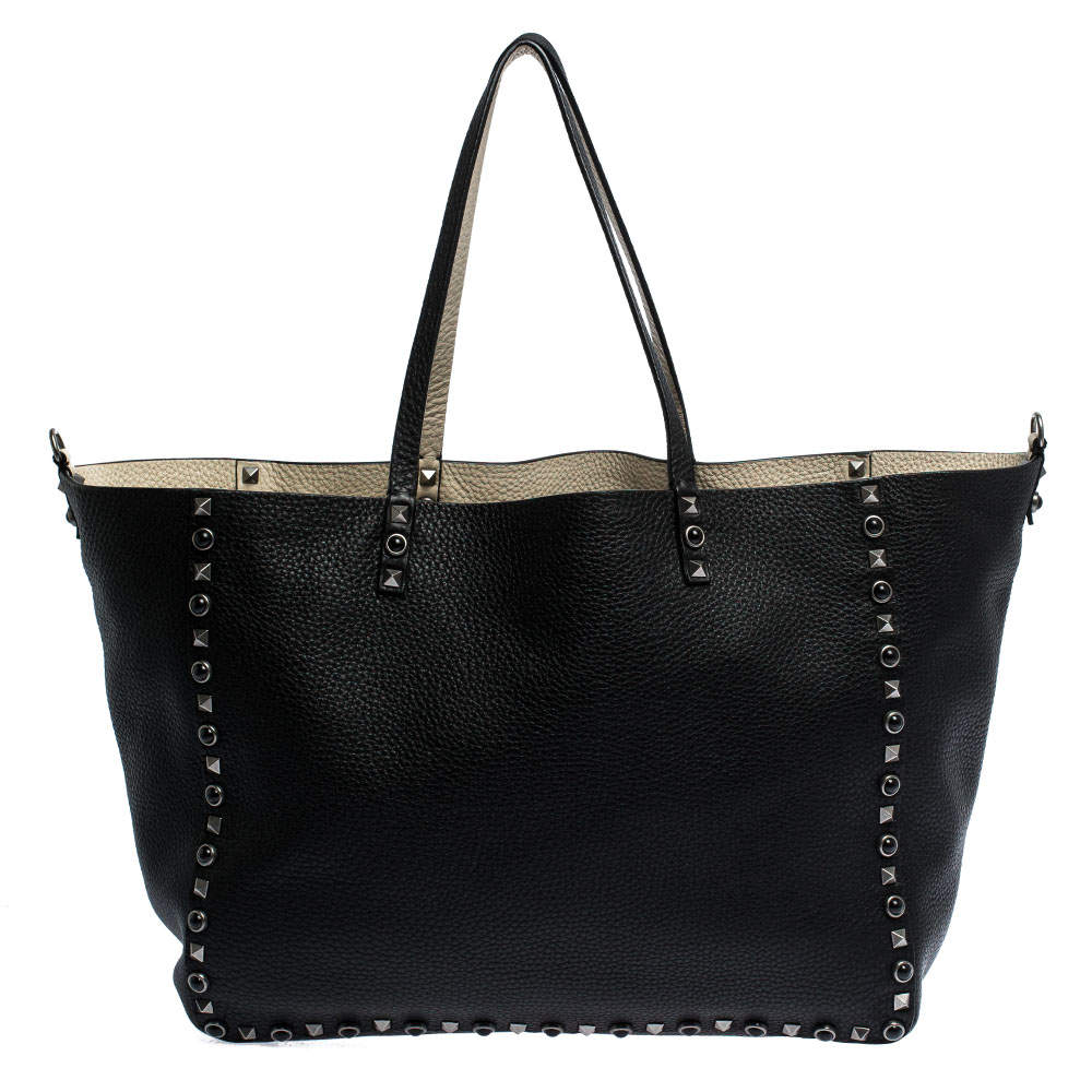 Pre Owned Valentino Black Leather Rockstud Reversible Tote