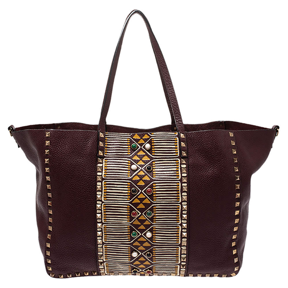 Pre Owned Valentino Burgundy Leather Tribal Rockstud Tote