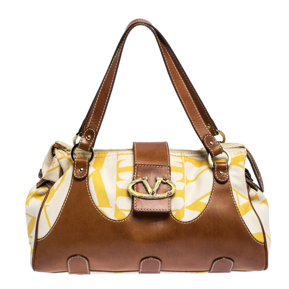 Valentino Yellow/Tan Canvas and Leather V Clasp Catch Satchel