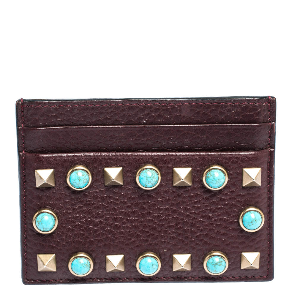 Pre Owned Valentino Dark Burgundy Leather Rockstud Slim Card Holder