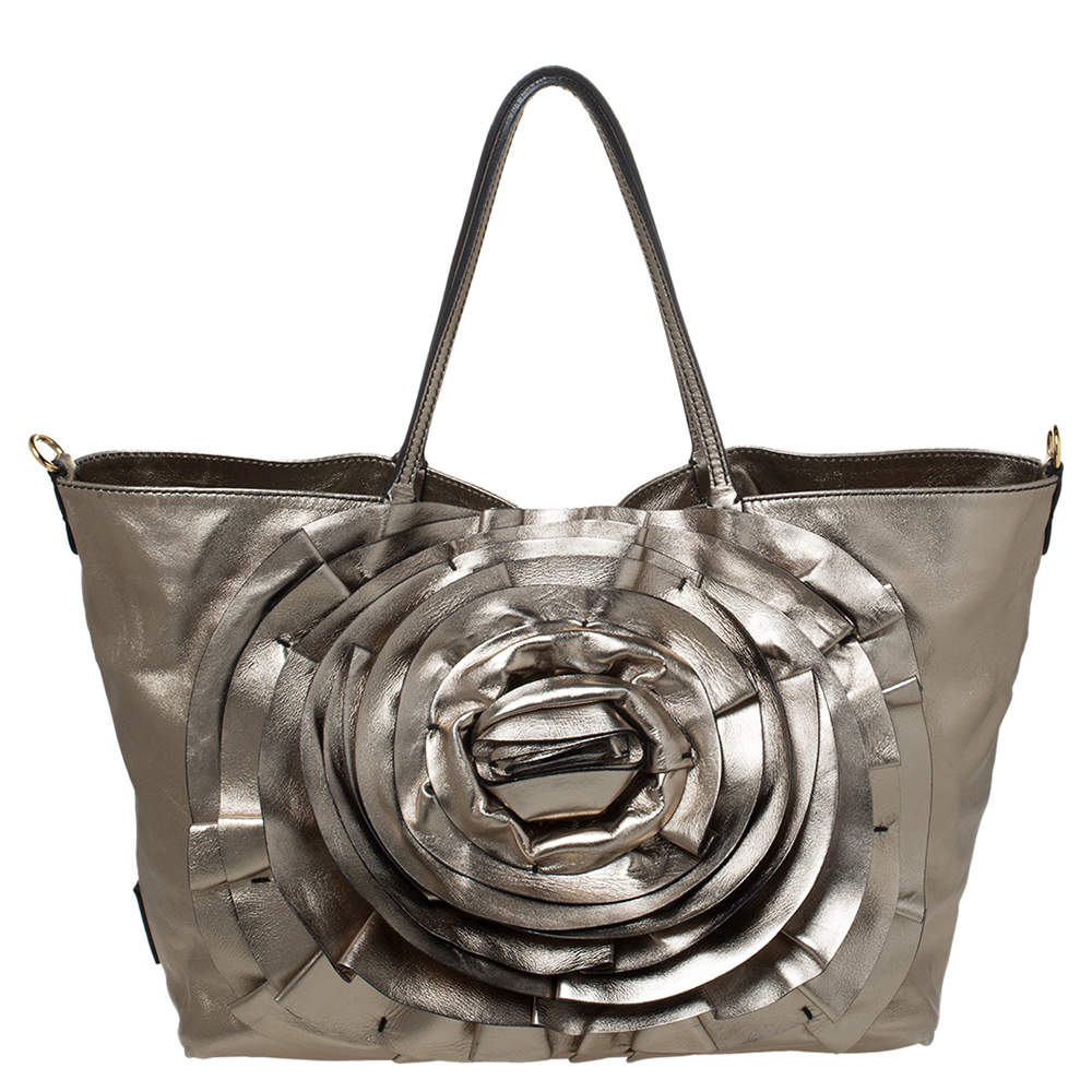 Pre Owned Valentino Metallic Gold Leather Petale Rose Tote