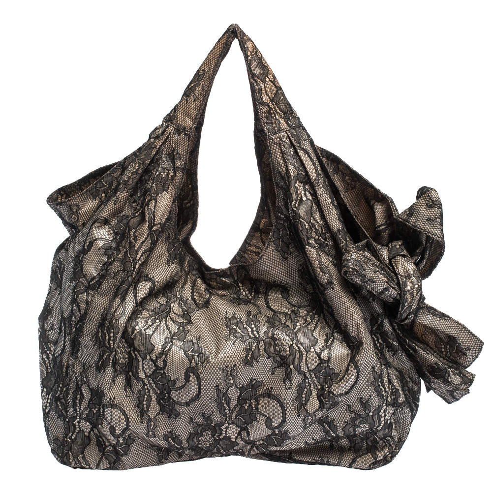 Pre Owned Valentino Black/Beige Lace Large Nuage Bow Hobo