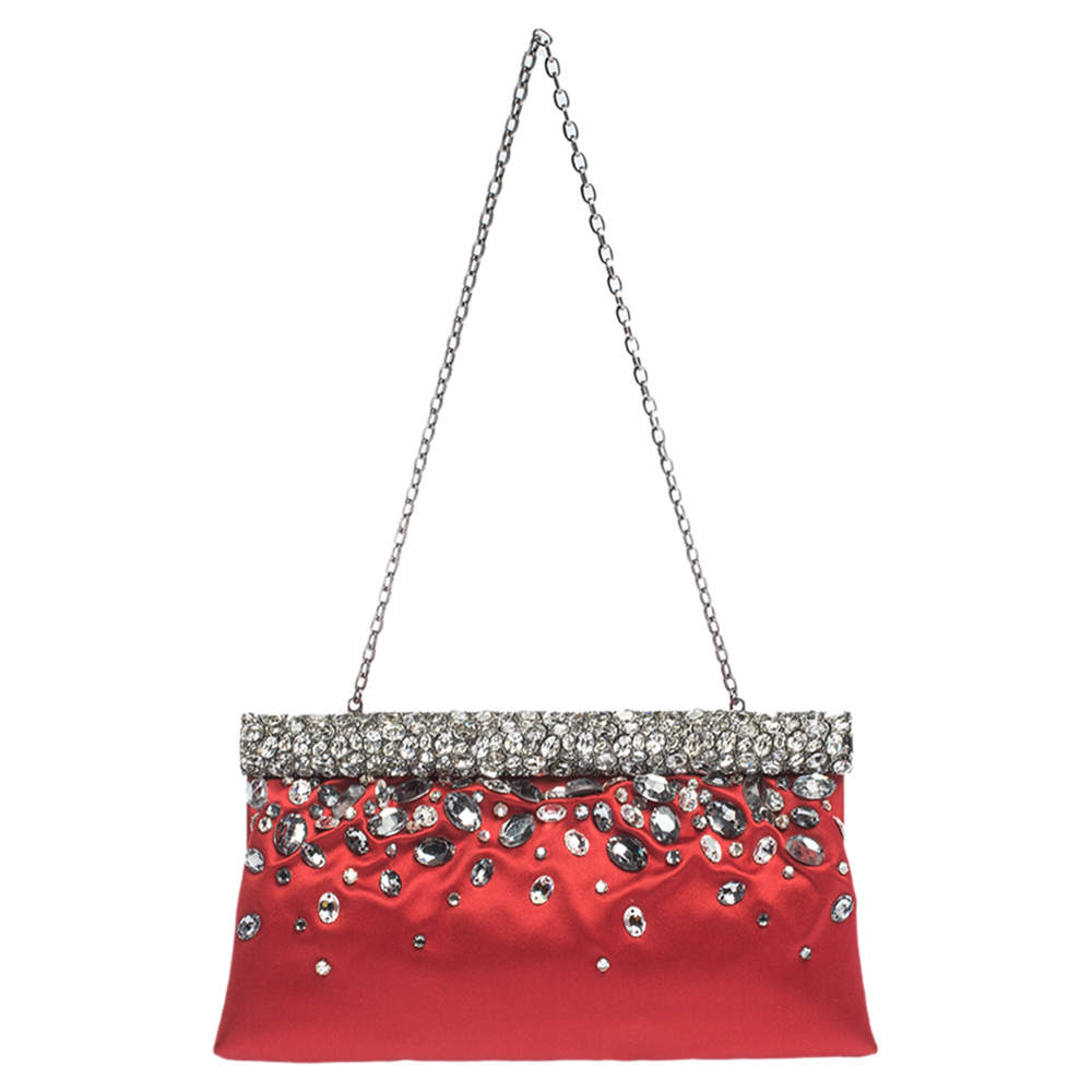 Pre Owned Valentino Red Satin Crystal-Embellished Frame Clutch