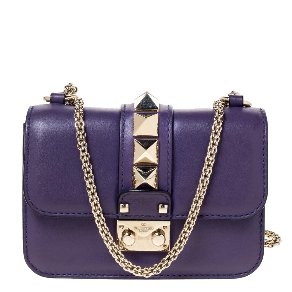 Pre Owned Valentino Purple Leather Mini Rockstud Glam Lock Flap Bag
