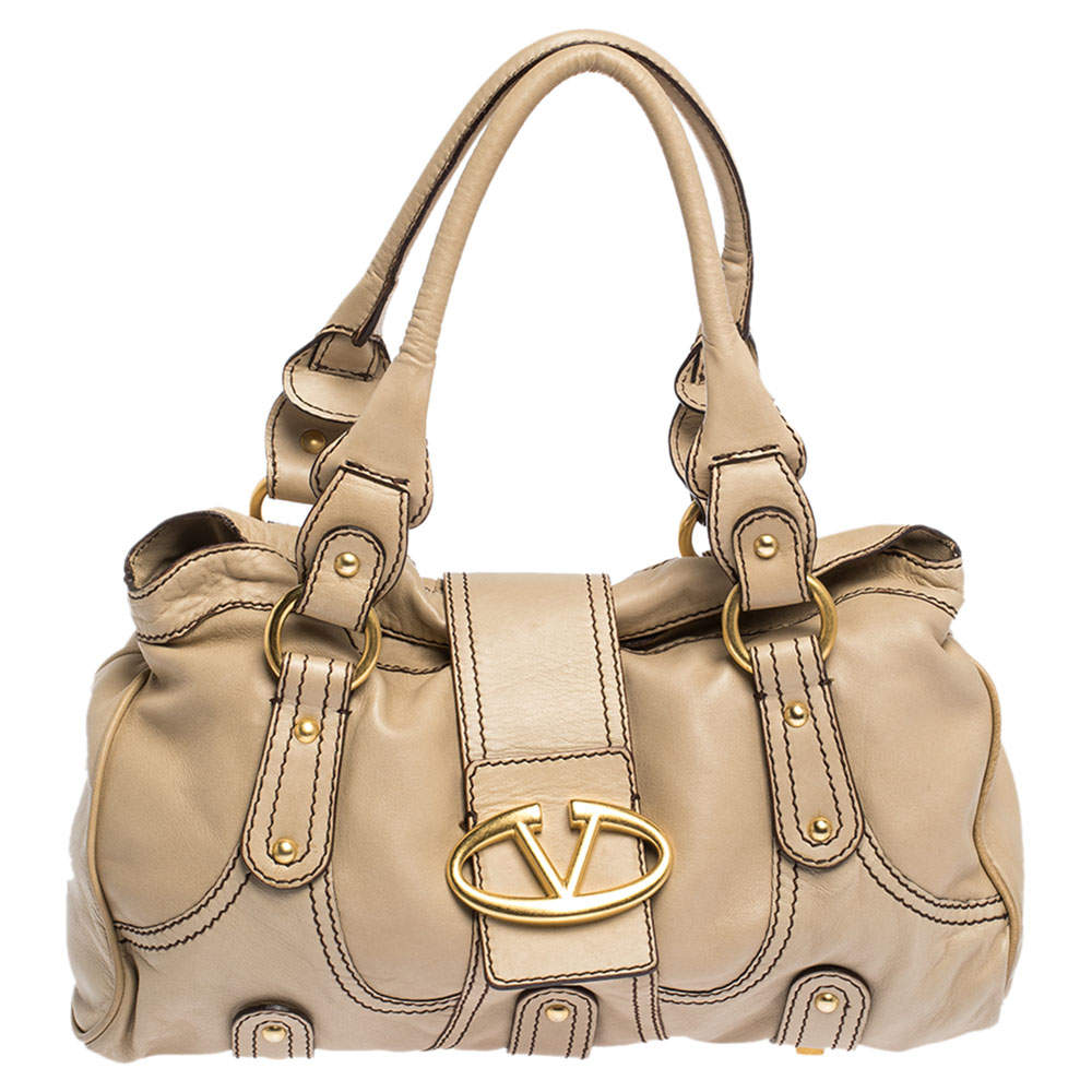 Pre Owned Valentino Beige Soft Leather Catch Satchel