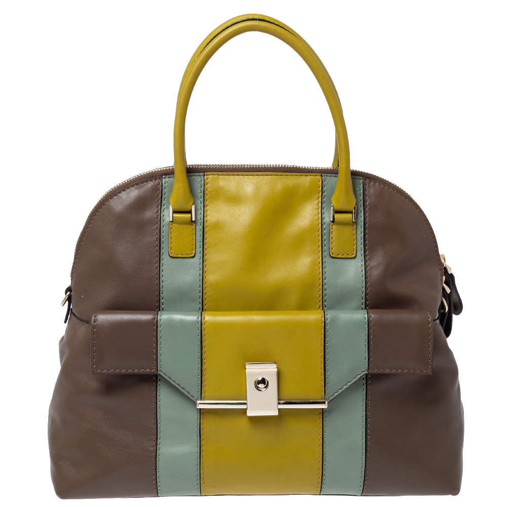 Pre Owned Valentino Tri Color Stripe Leather Front Pocket Satchel