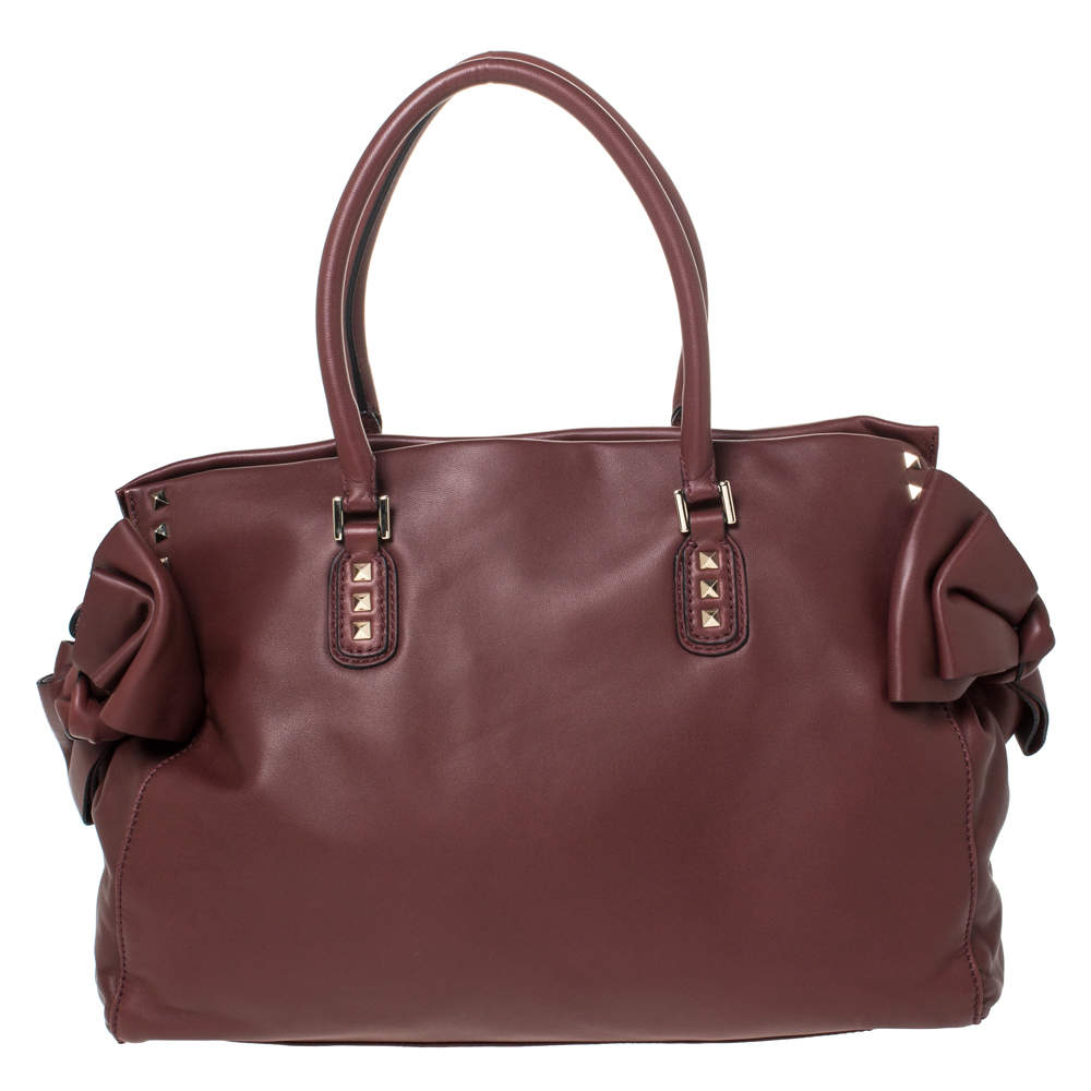 Valentino Burgundy Studded Soft Leather Bow Tote