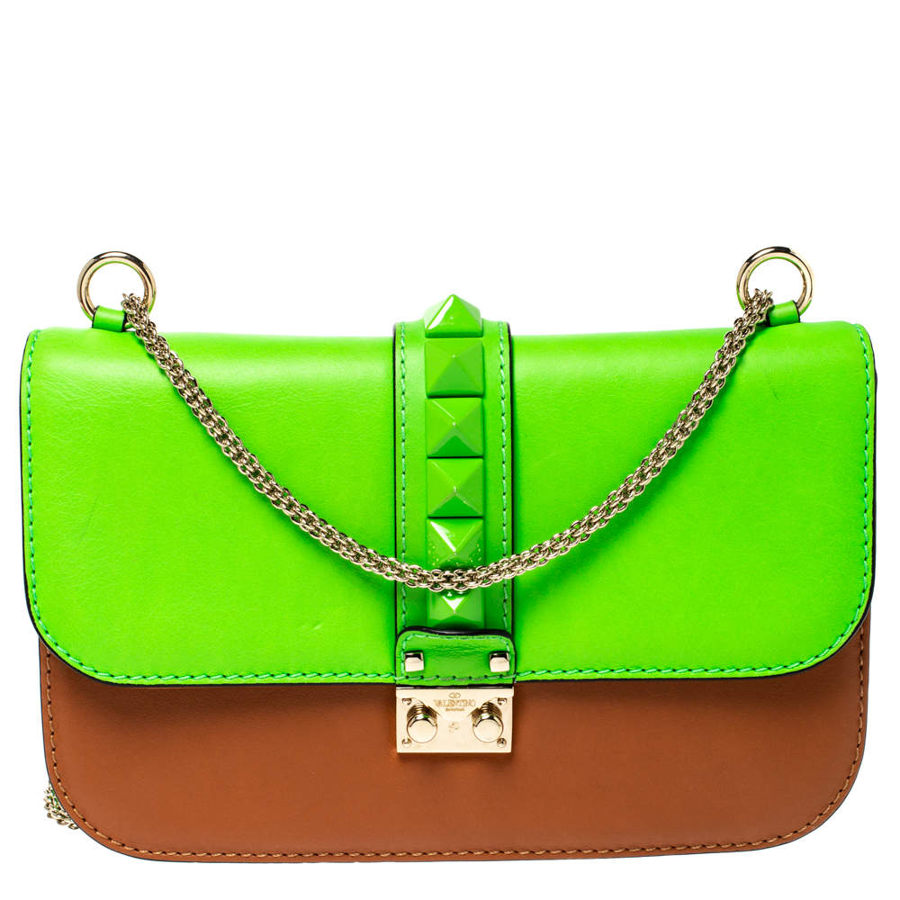 Pre Owned Valentino Green/Tan Leather Rockstud Medium Glam Lock Flap Bag