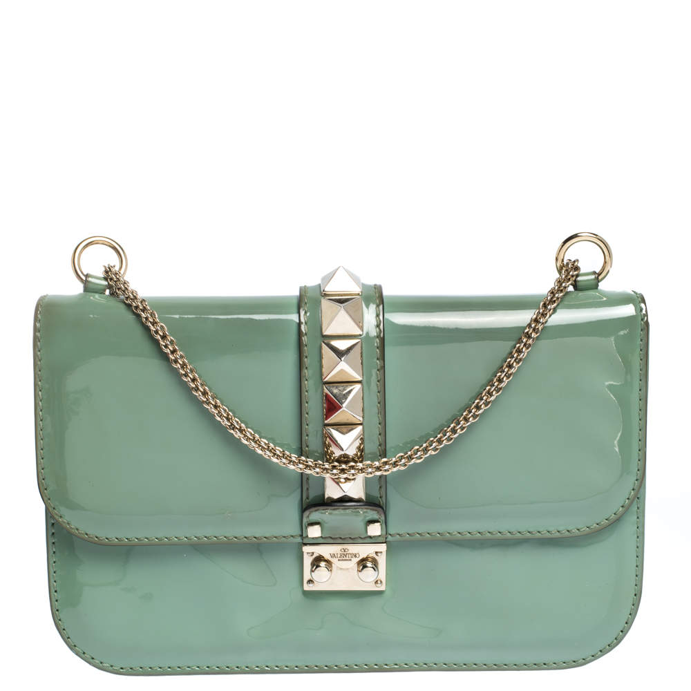Pre Owned Valentino Green Patent Leather Rockstud Medium Glam Lock Flap Bag