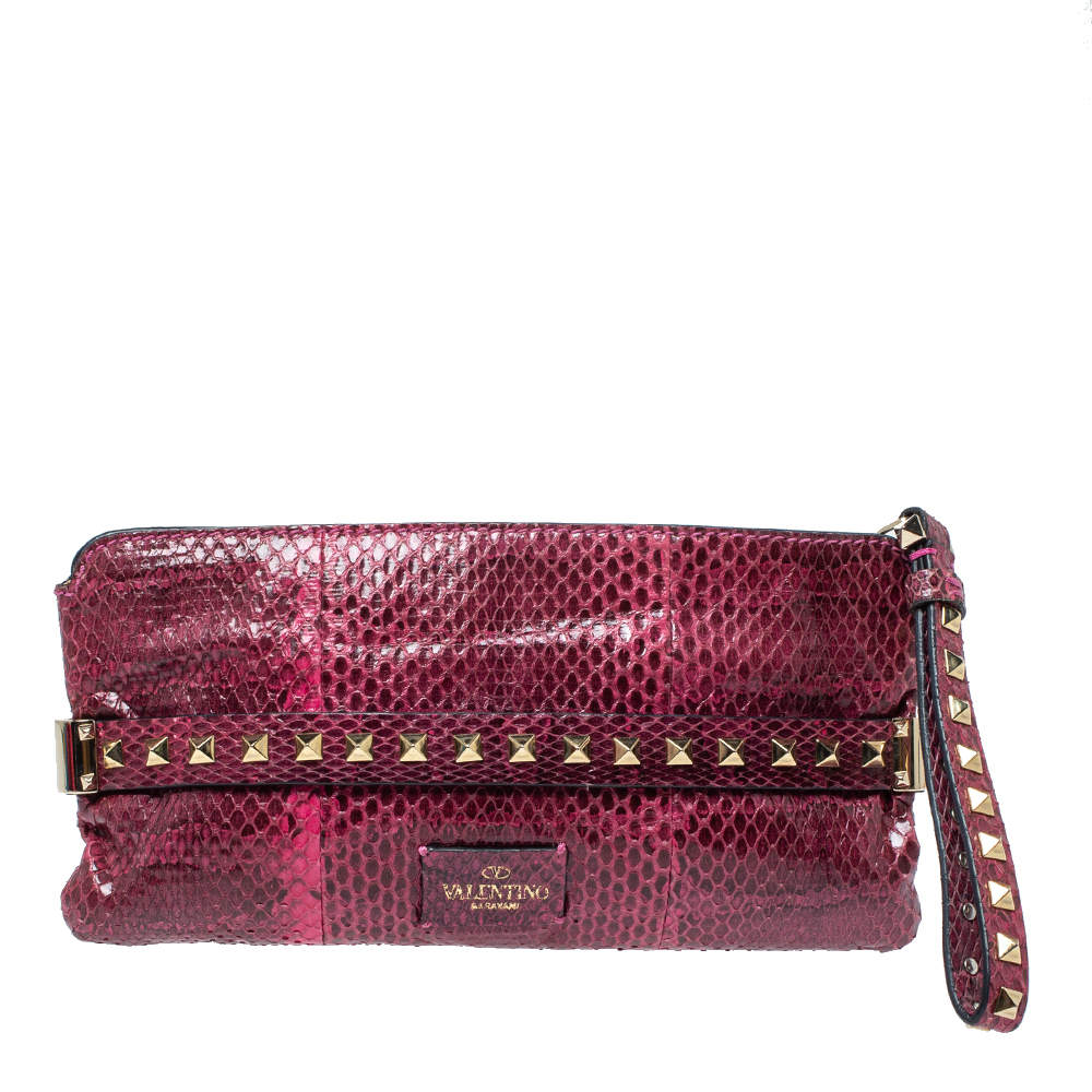 Valentino Pink Python Rockstud Wristlet Clutch