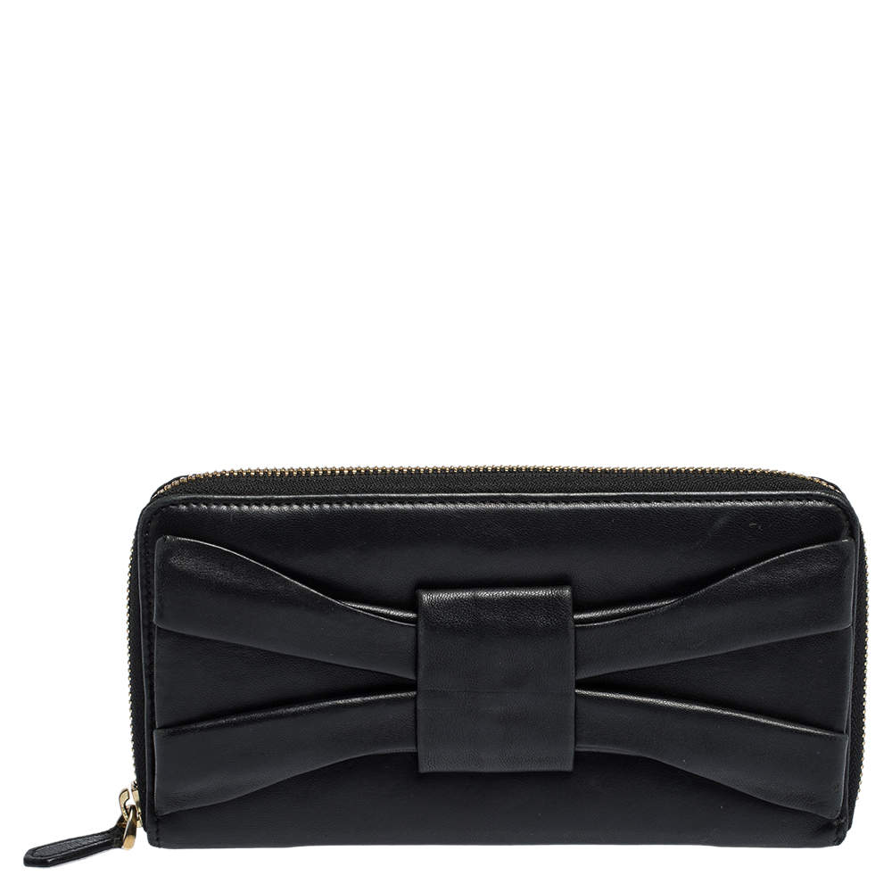 Valentino Black Leather Pleated Bow Continental Wallet