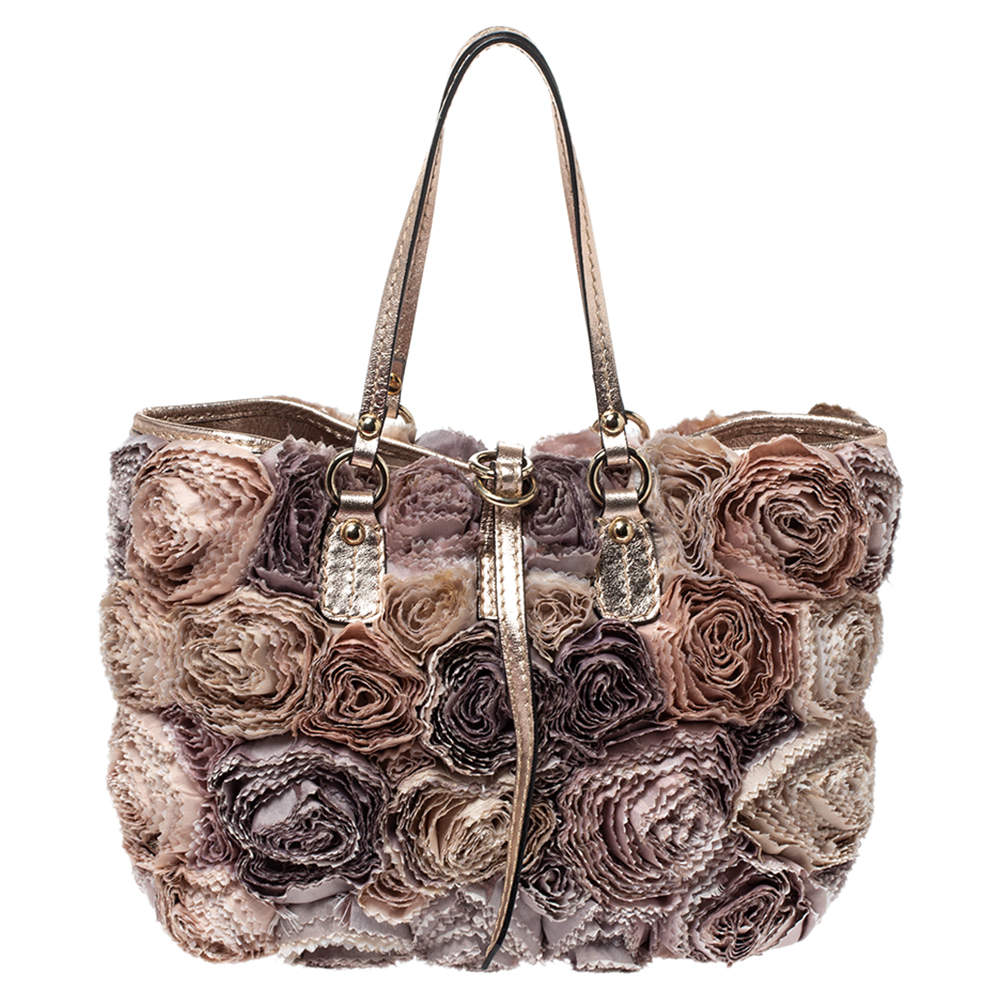 Pre Owned Valentino Multicolor Flower Applique Satin and Leather Tote