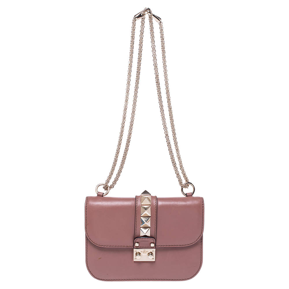 Pre Owned Valentino Old Rose Pink Leather Rockstud Small Glam Lock Shoulder Bag