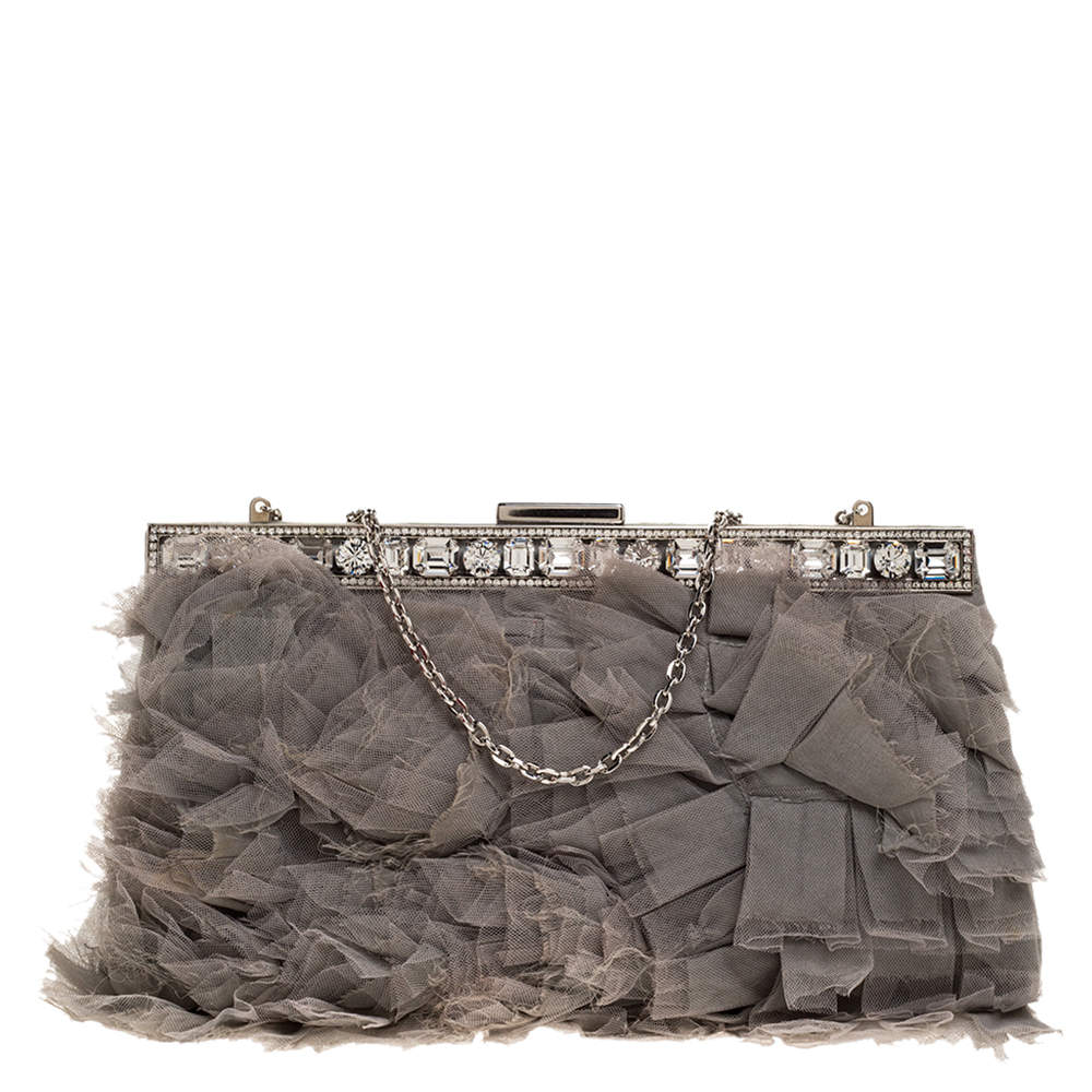Valentino Grey Satin and Mesh Crystal Embellished Chain Clutch