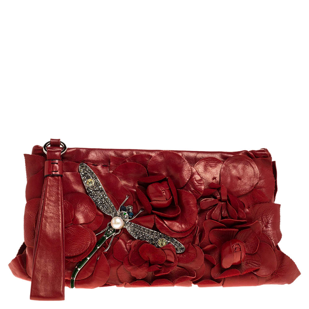Pre Owned Valentino Red Leather Crystal Embellished Dragonfly Wristlet Clutch