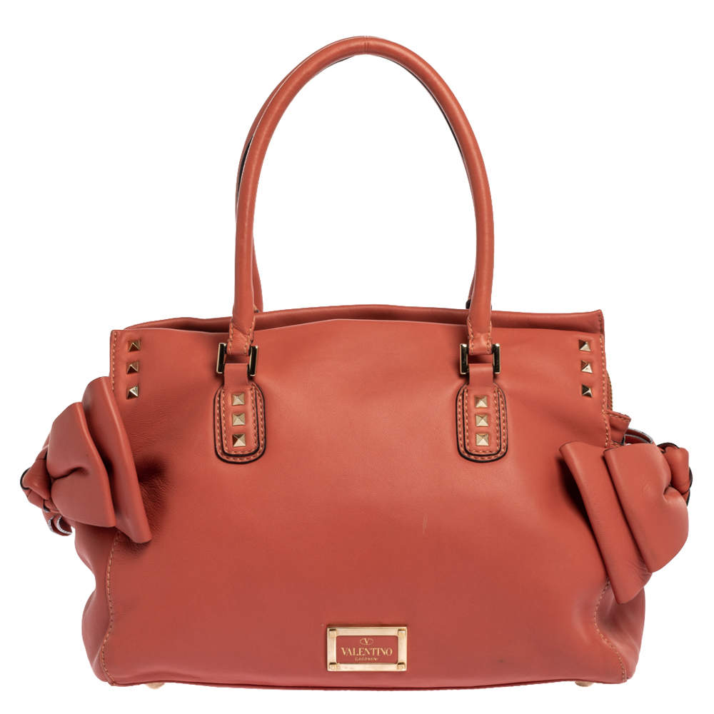 Pre Owned Valentino Coral Orange Leather Rockstud Bow Satchel