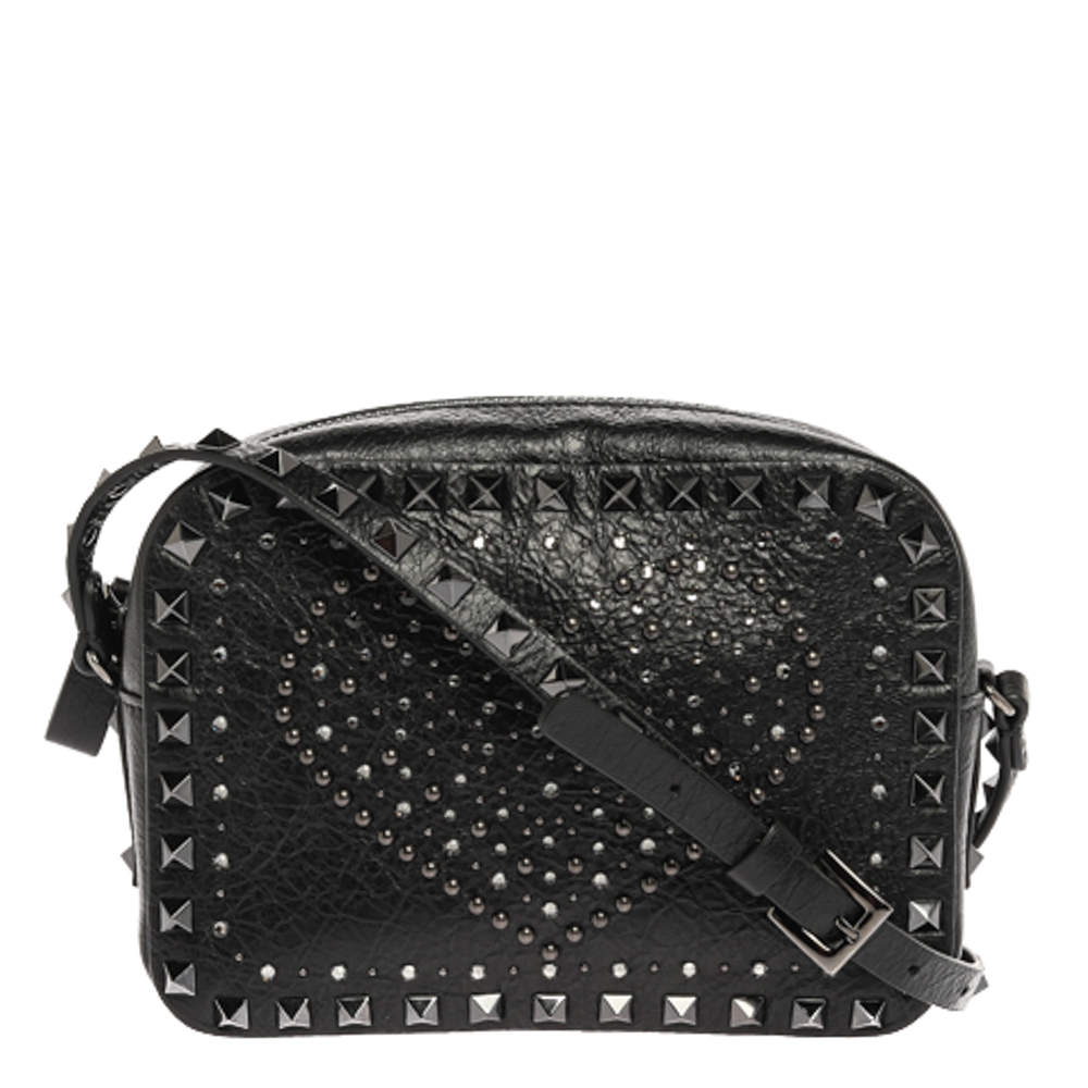 Valentino Black Leather Crystal Embellished Rockstud Camera Crossbody Bag