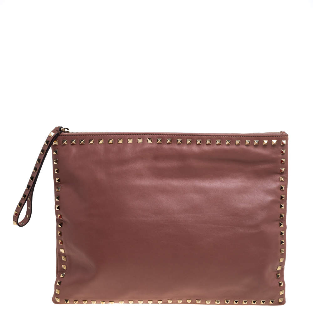 Pre Owned حقيبة صغيرة فالنتينو حجم كبير مرصعة روكستد و حمالة معصم جلد وردي داكن