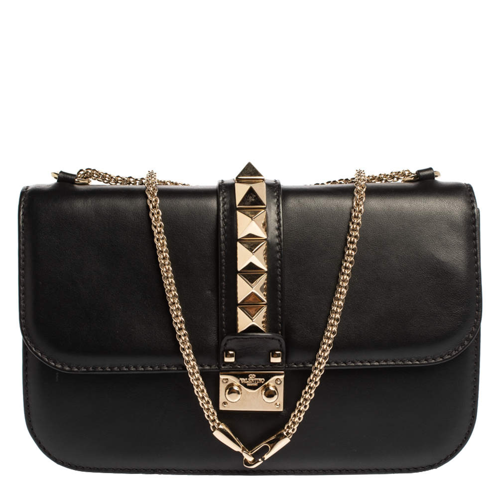 Valentino Black Leather Rockstud Medium Glam Lock Flap Bag