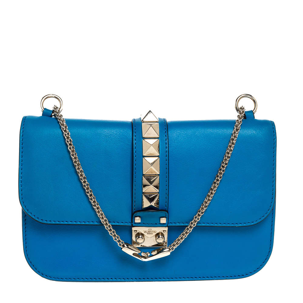 Pre Owned Valentino Turquoise Leather Medium Rockstud Glam Lock Flap Bag