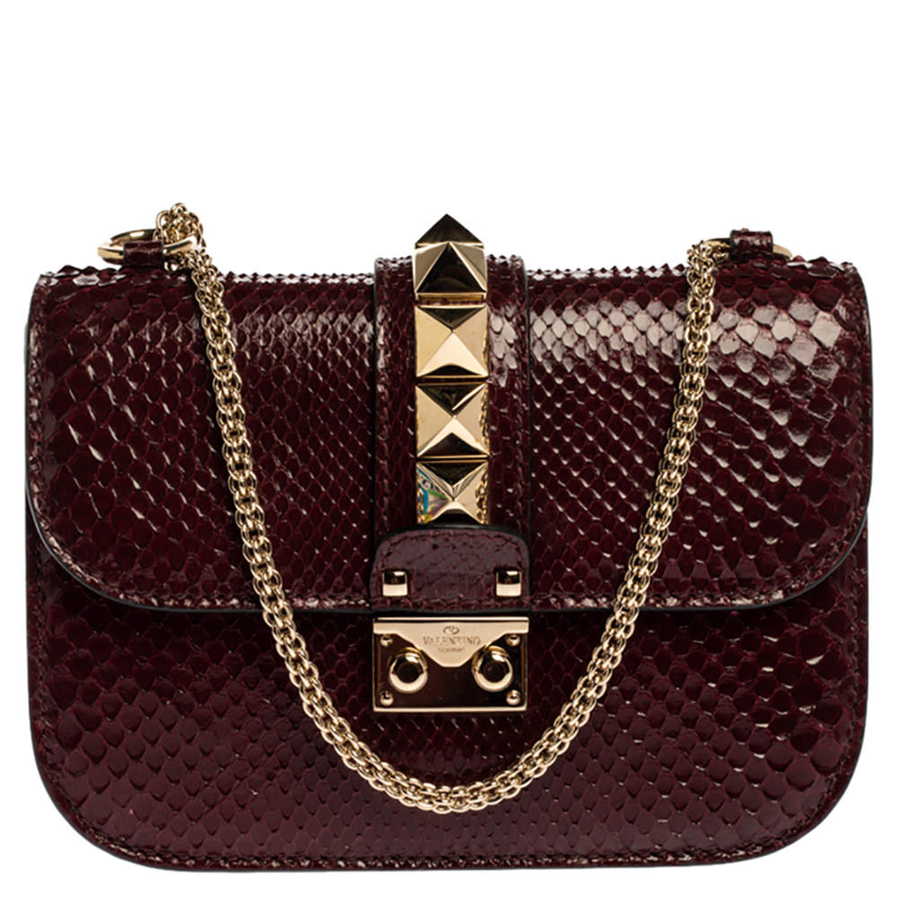 Pre Owned Valentino Burgundy Python Small Rockstud Glam Lock Flap Bag