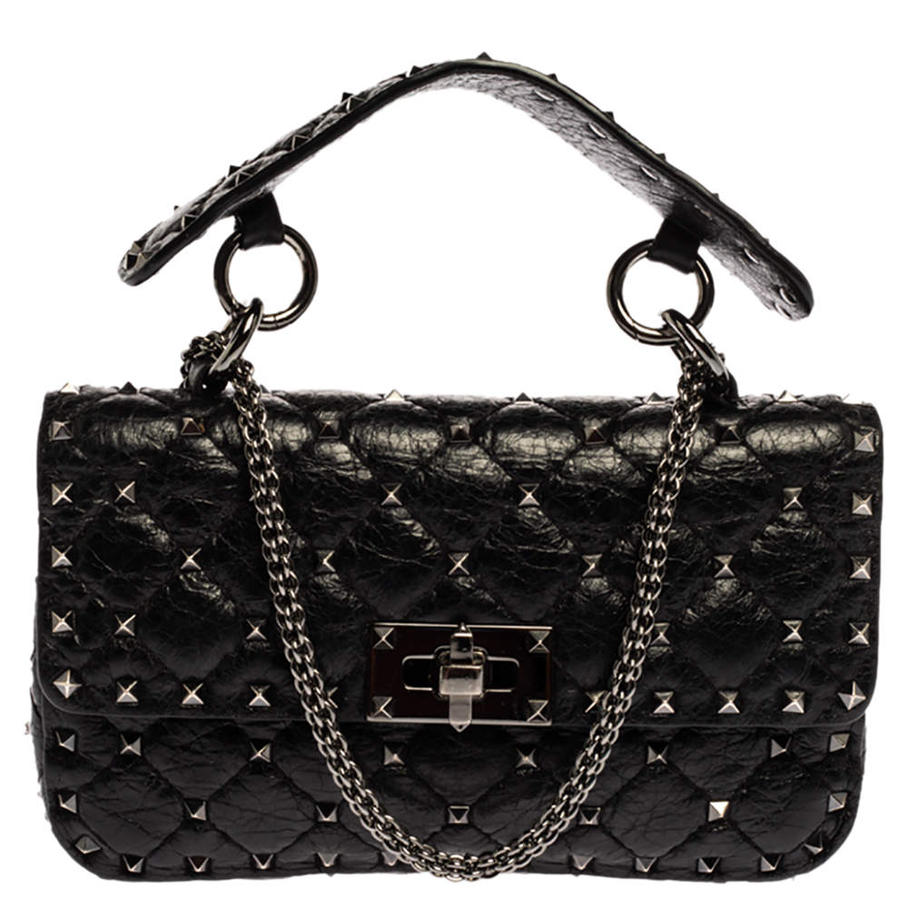 Pre Owned Valentino Black Quilted Soft Crackle Leather Small Rockstud Spike Shoulder Bag