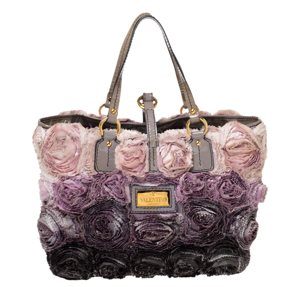 Pre Owned Valentino Multicolor Floral Applique Satin and Patent Leather Shopper Tote