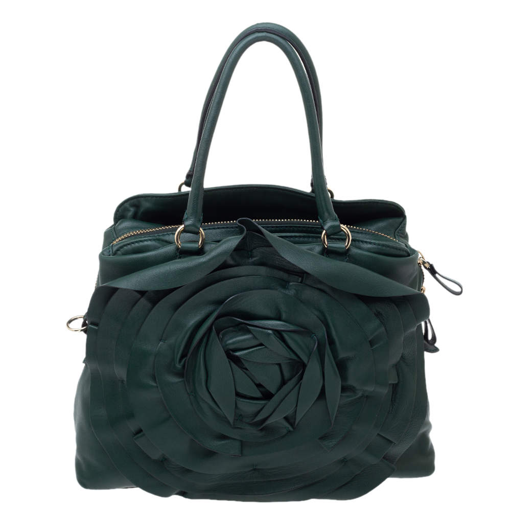 Pre Owned Valentino Green Leather Petale Rose Satchel