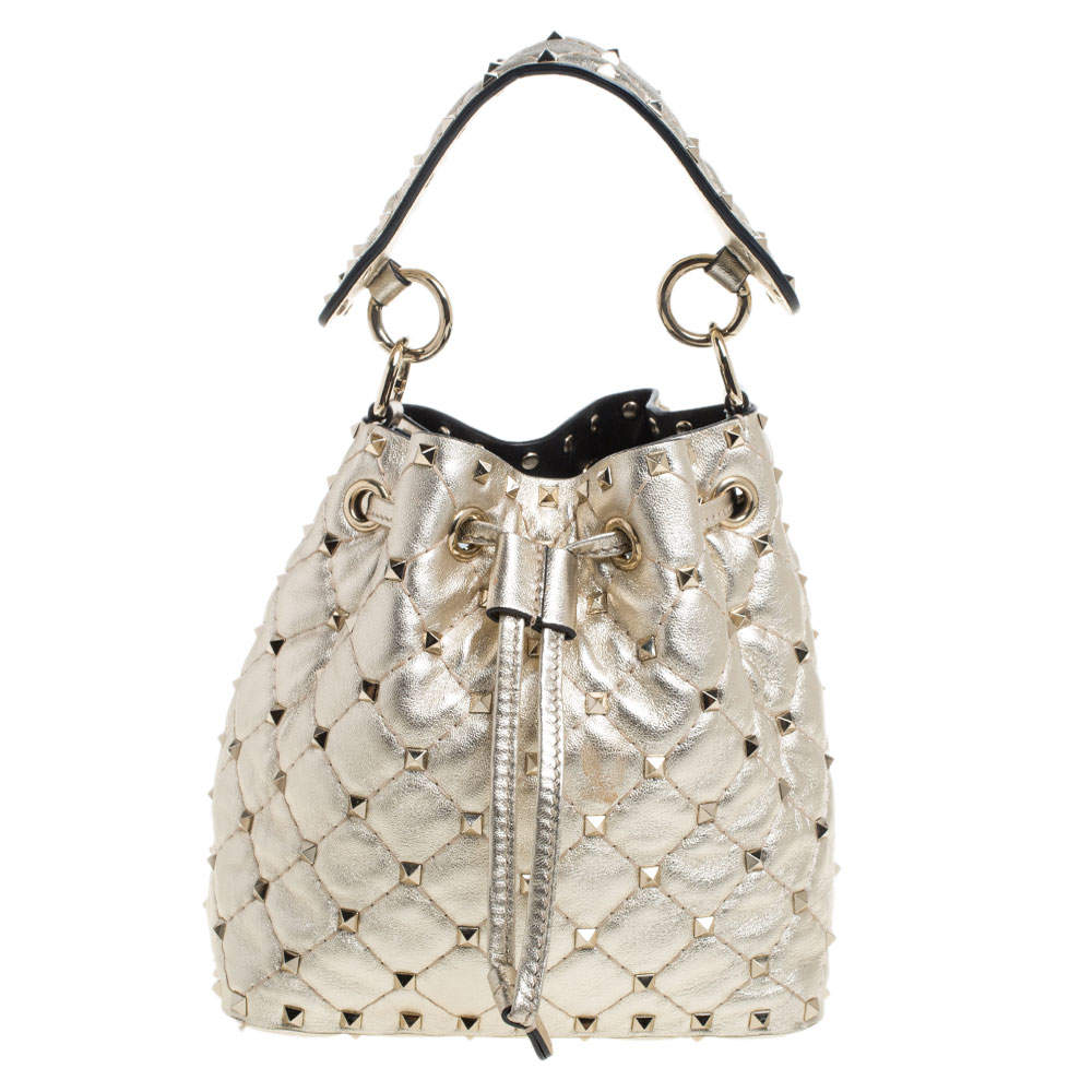 Pre Owned Valentino Metallic Gold Leather Small Rockstud Bucket Bag
