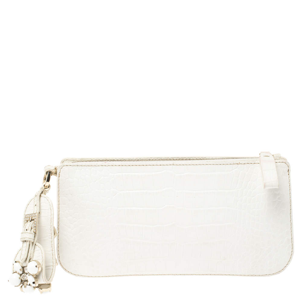 Pre Owned Valentino White Croc Embossed Leather Crystal Embellished Wristlet Clutch