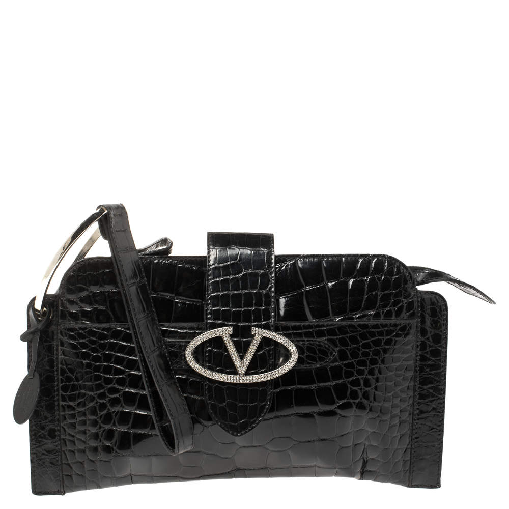 Valentino Black Croc Embossed Patent Leather Crystal Embellished Wristlet Clutch