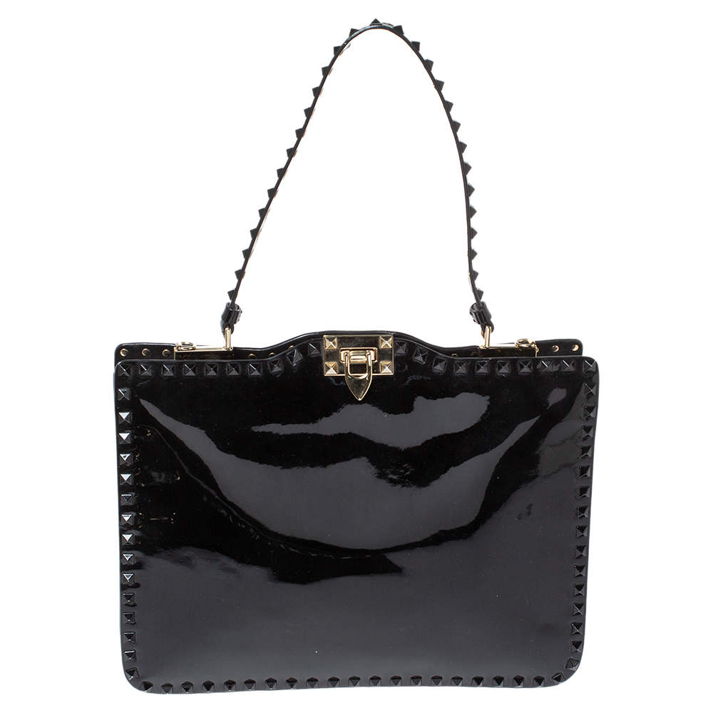Pre Owned Valentino Black Patent Leather Rockstud Top Handle Bag