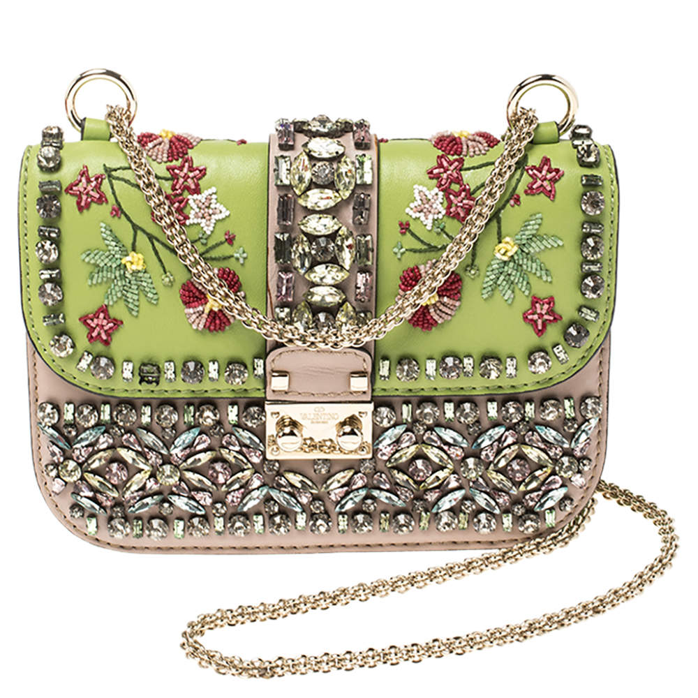 Valentino Green/Beige Leather Small Crystal, Beaded Rockstud Glam Lock Flap  Bag