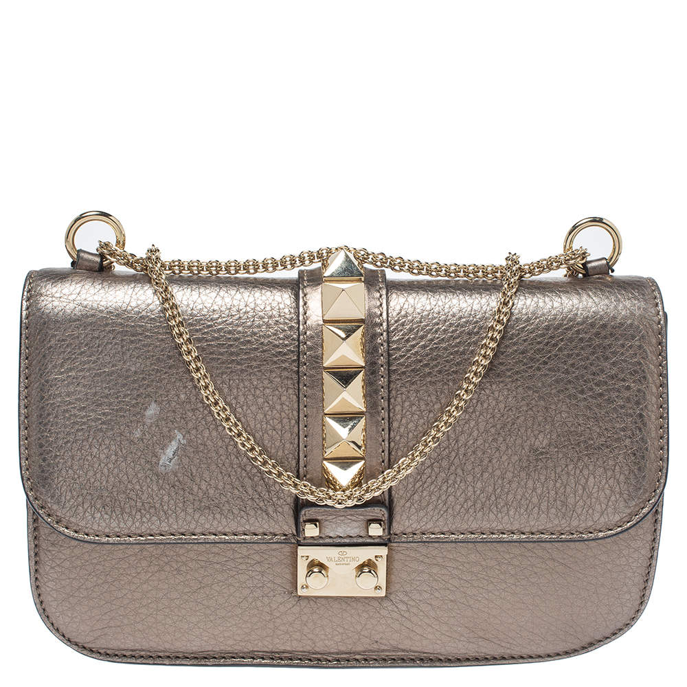 Pre Owned Valentino Metallic Grained Leather Medium Glam Lock Flap Bag