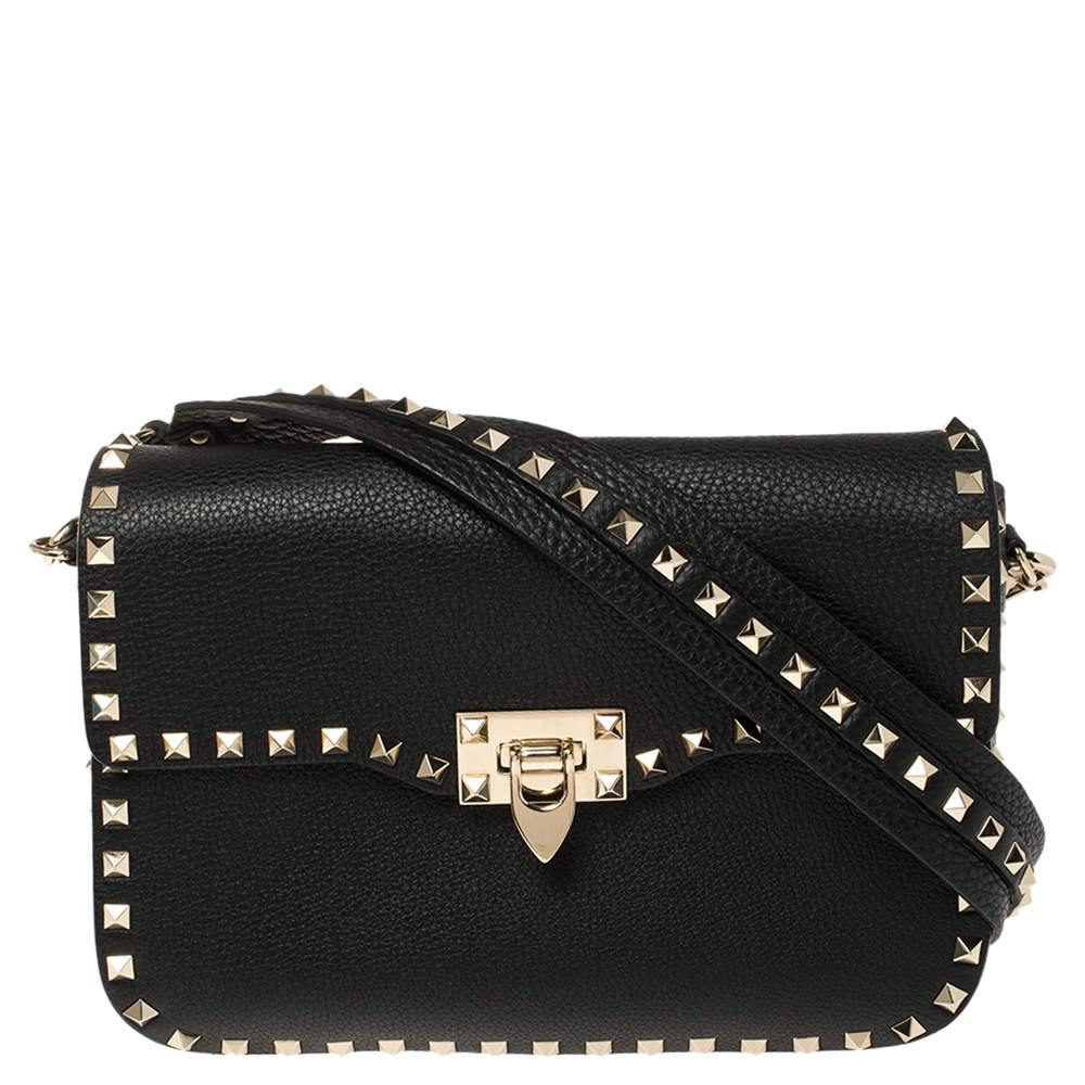 Pre Owned Valentino Black Leather Rockstud Flap Shoulder Bag