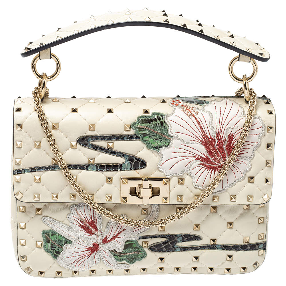 Pre Owned Valentino Off White Quilted Leather Medium Hibiscus Embroidery Rockstud Spike Shoulder Bag