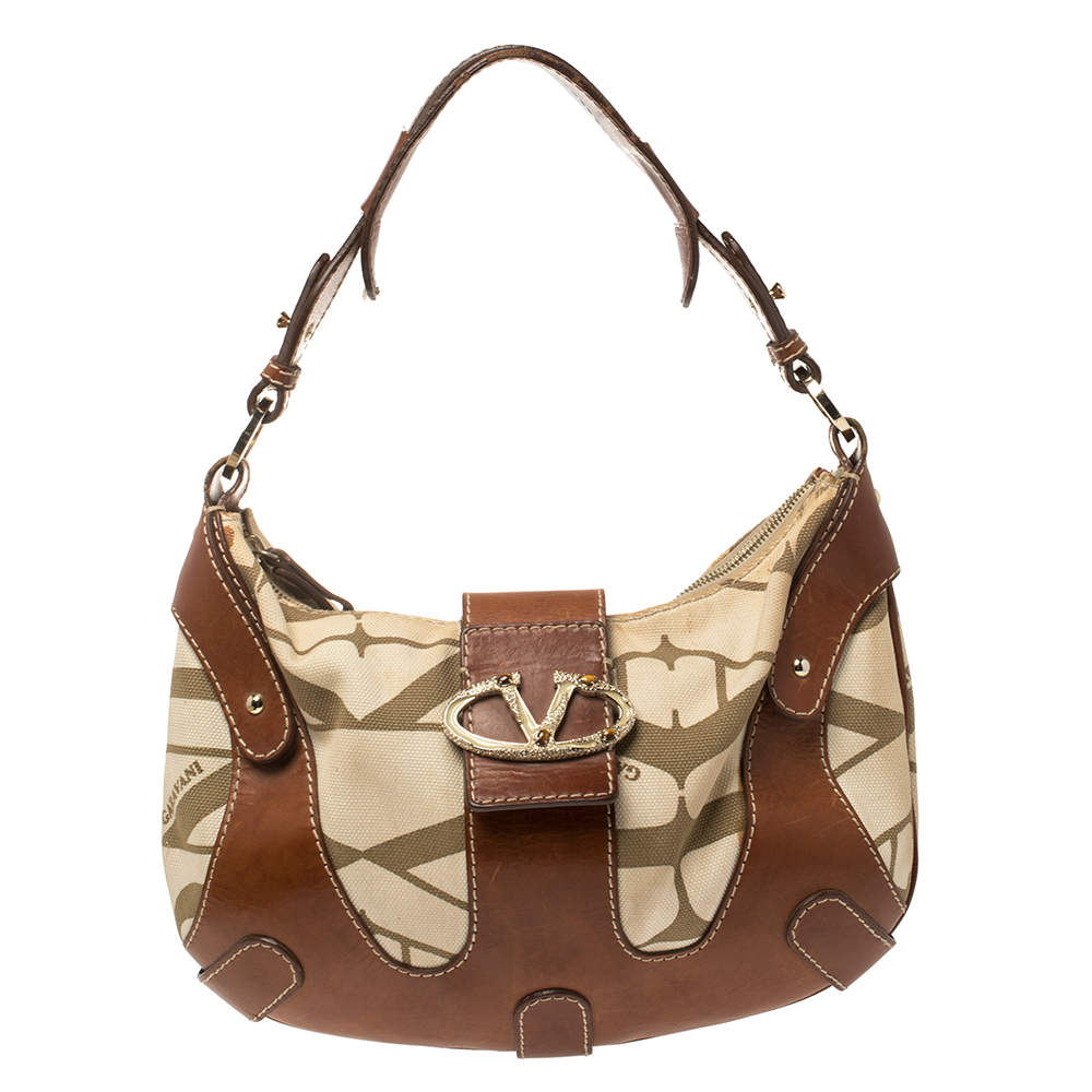 مملوكة مسبقًا Valentino Brown/Cream Canvas and Leather Hobo