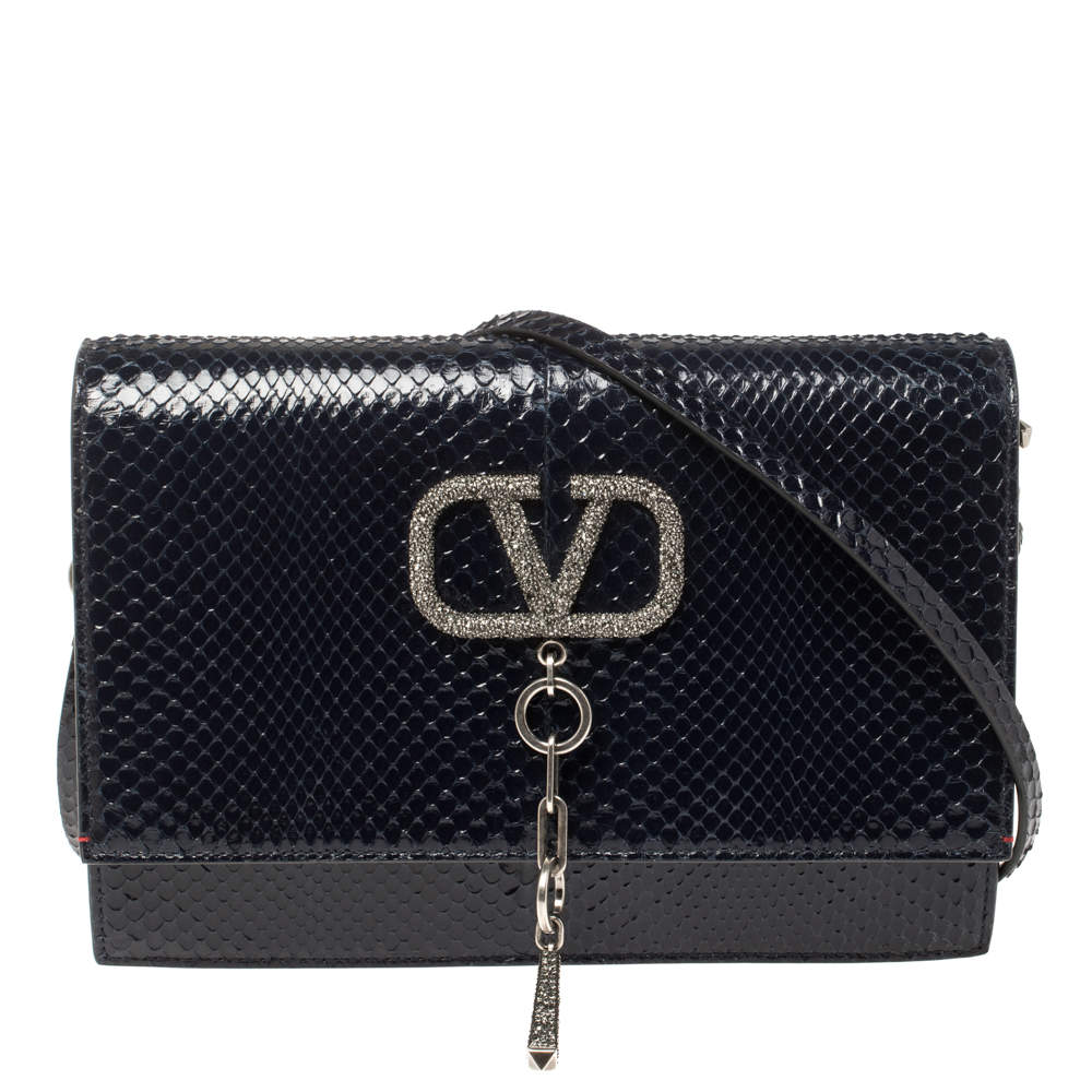 Pre Owned Valentino Blue Python VCASE With Swarovski Crystals Logo Shoulder Bag