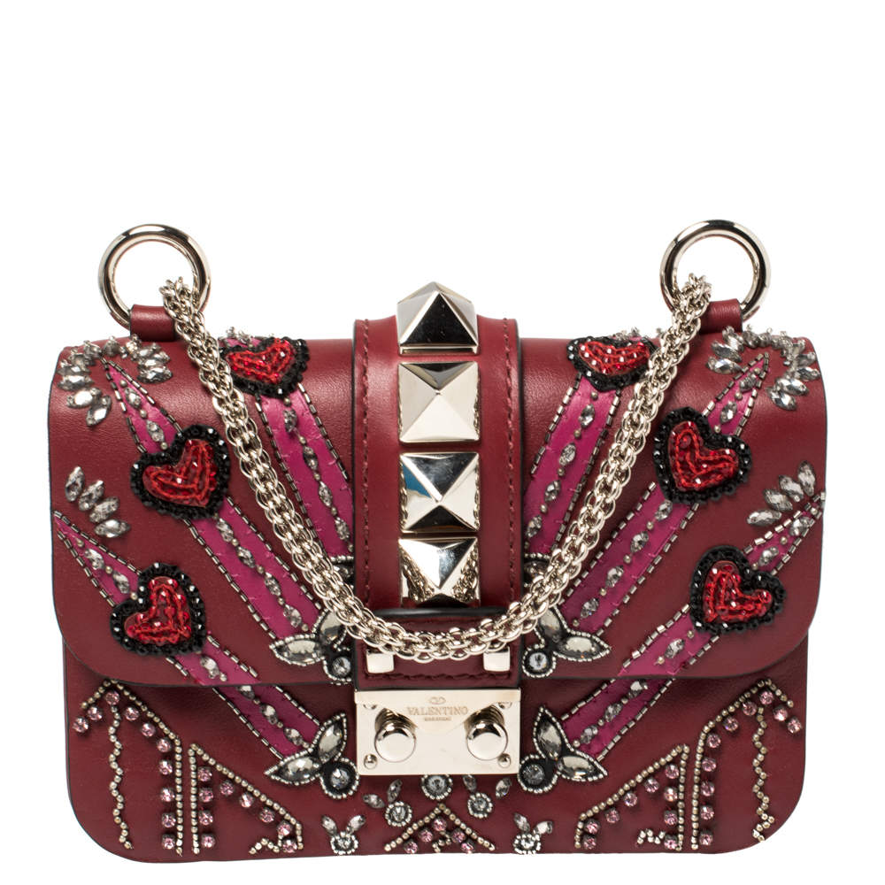 Pre Owned Valentino Maroon Beads Embellished Leather Mini Love Blade Rockstud Glam Lock Shoulder Bag