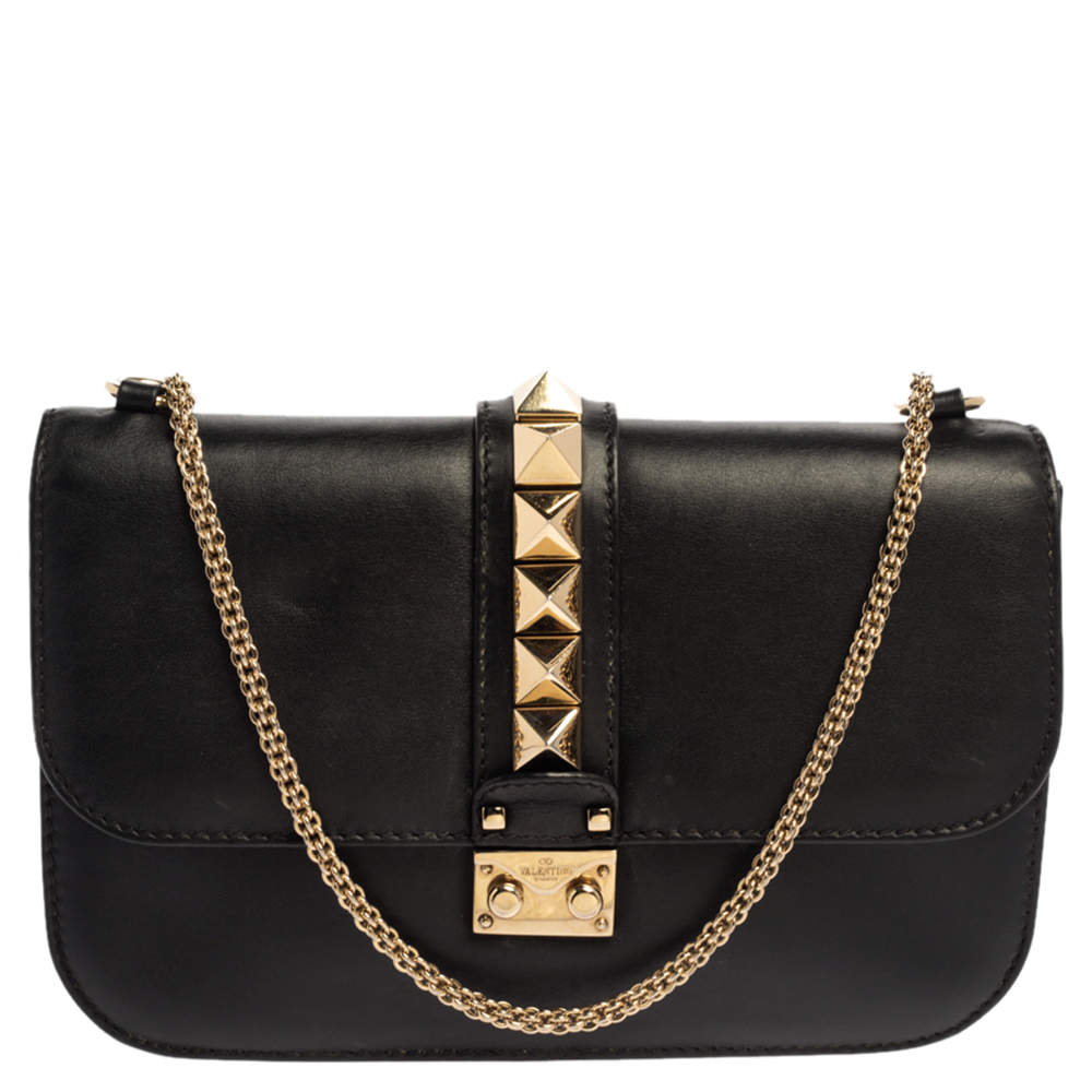 Pre Owned Valentino Black Leather Medium Rockstud Glam Lock Flap Bag
