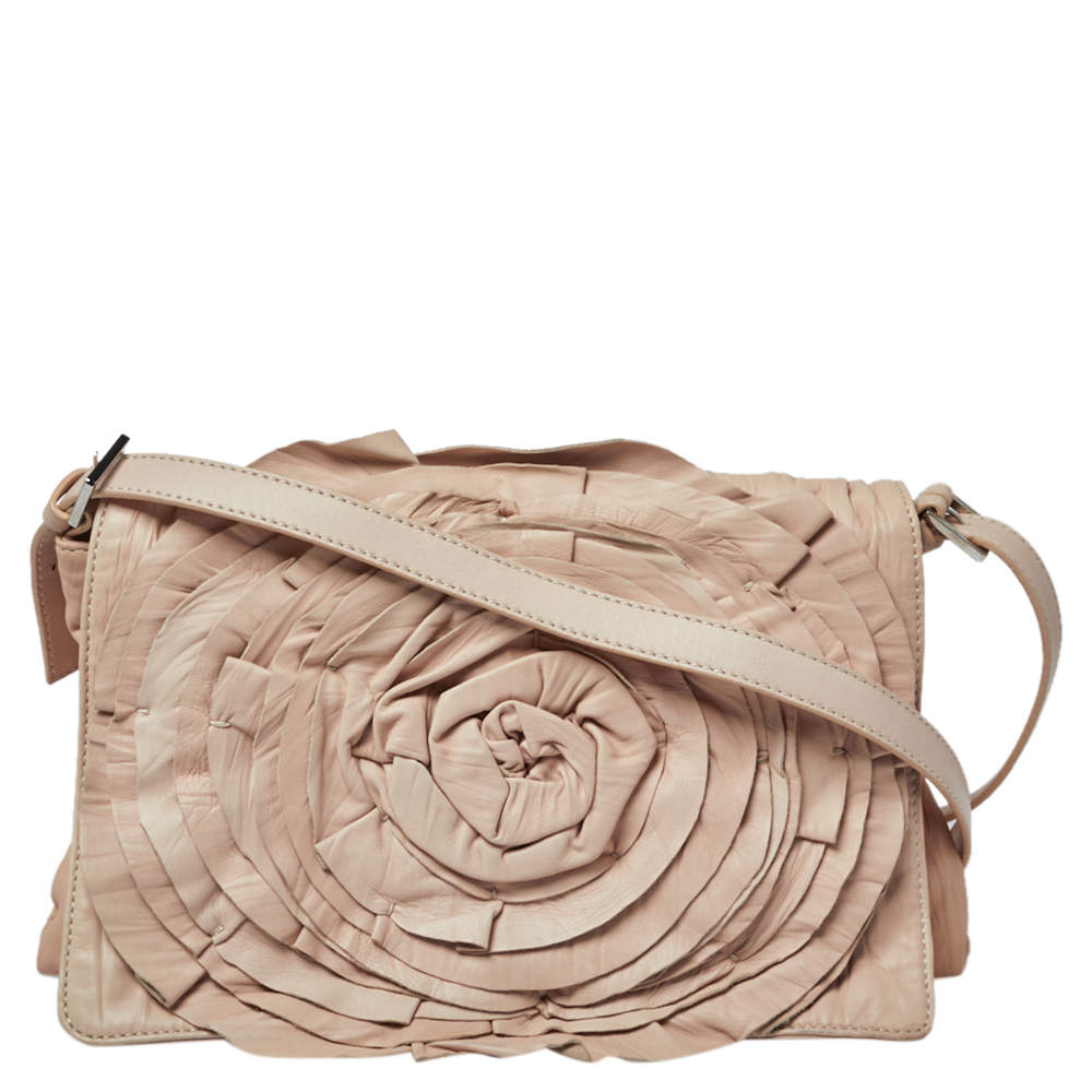 Valentino Beige Crinkled Leather Petal Messenger Bag