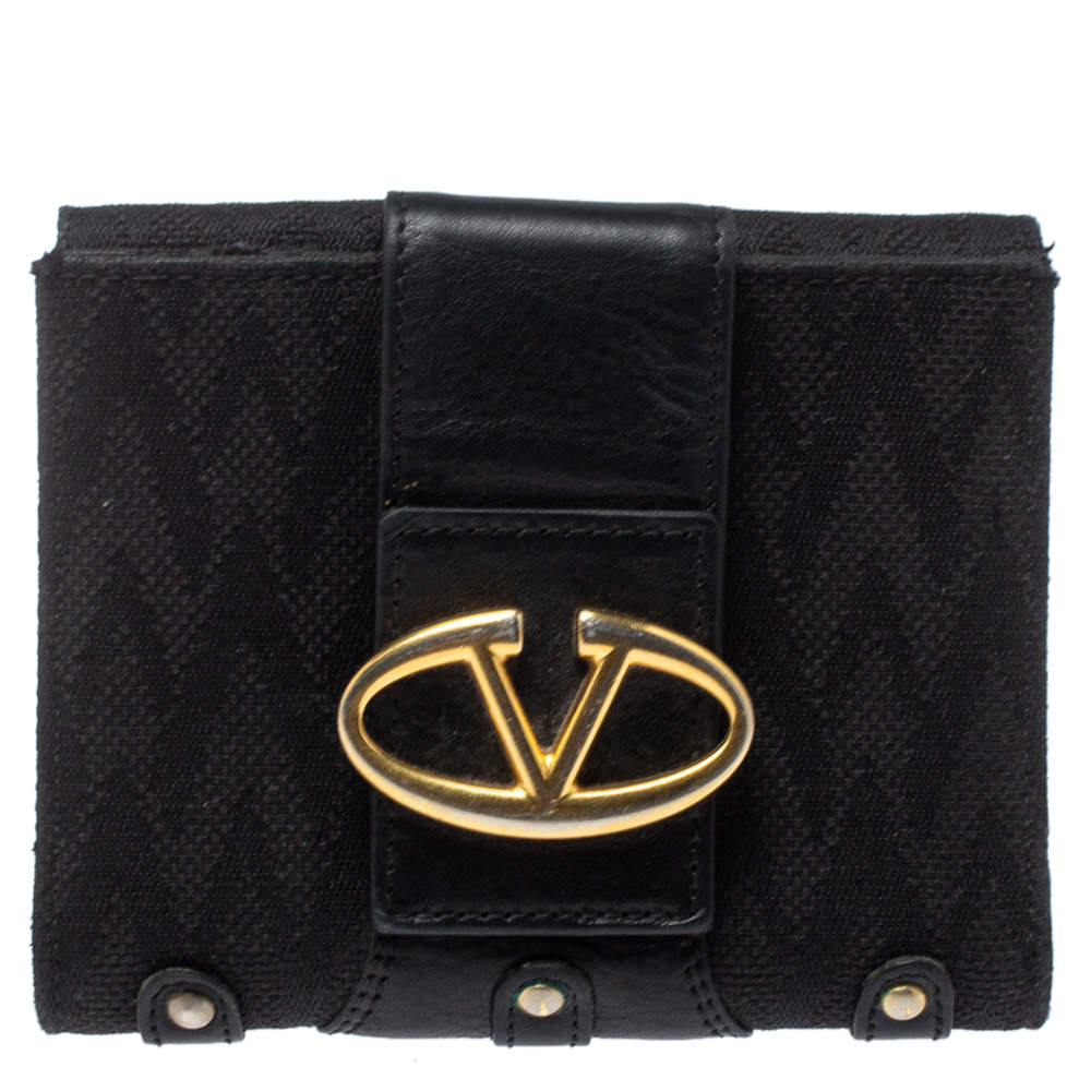 Valentino Black Canvas and Leather S.S. Collection V Logo Compact ...