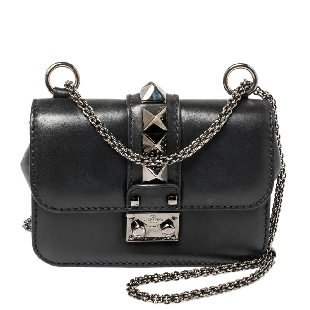 Pre Owned Valentino Black Leather Rockstud Mini Glam Lock Shoulder Bag